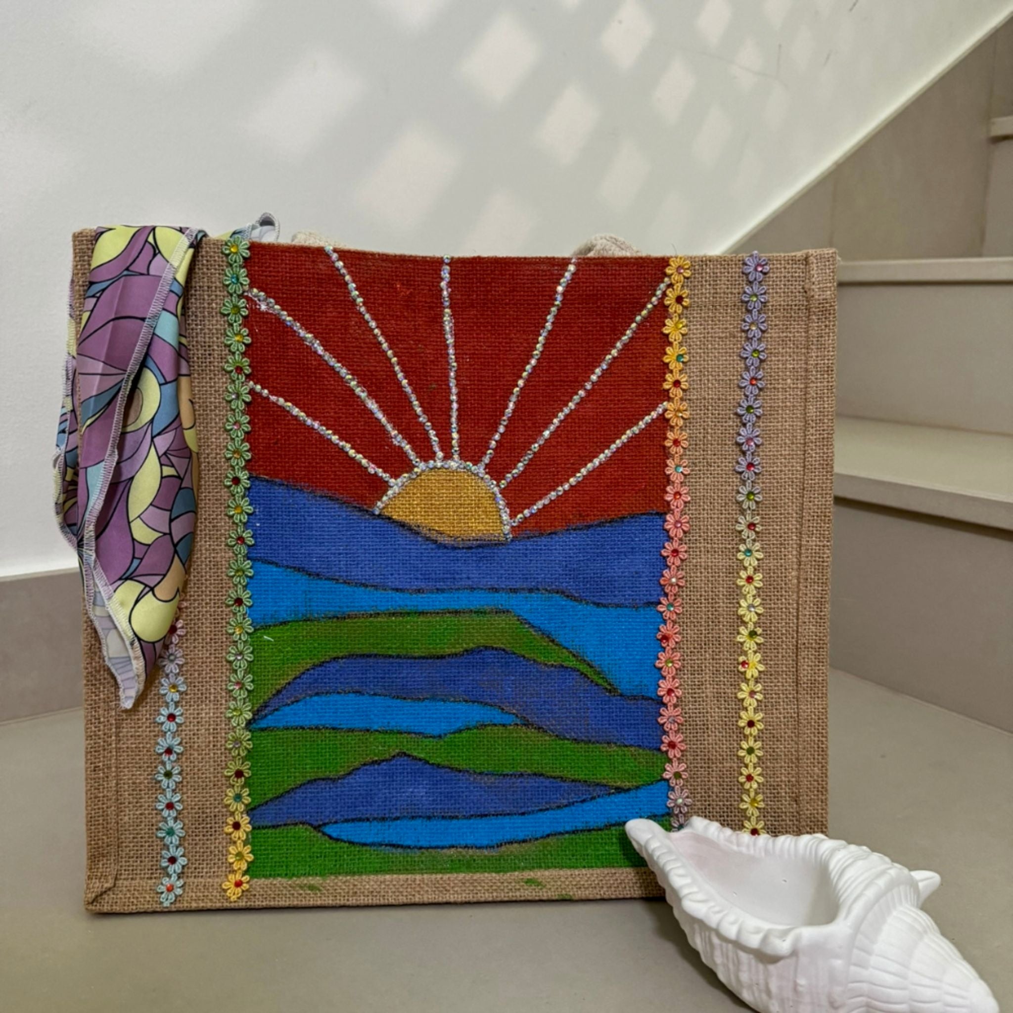 Sunrise Meadow Jute Tote