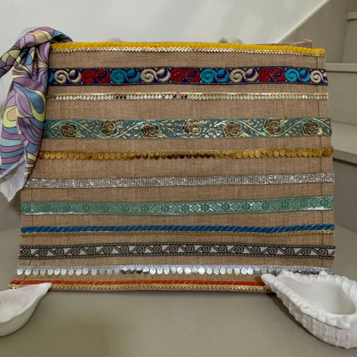 Sustainable Jute Tote with Vintage Lace Embellishment
