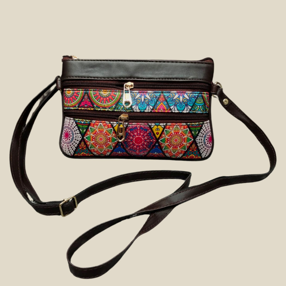 Handmade Mandala Print Sling Bag – Dual Zipper with Adjustable Strap