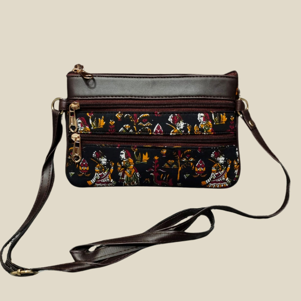 Handmade Folk Art Sling Bag – Dual Zipper with Faux Leather Trim