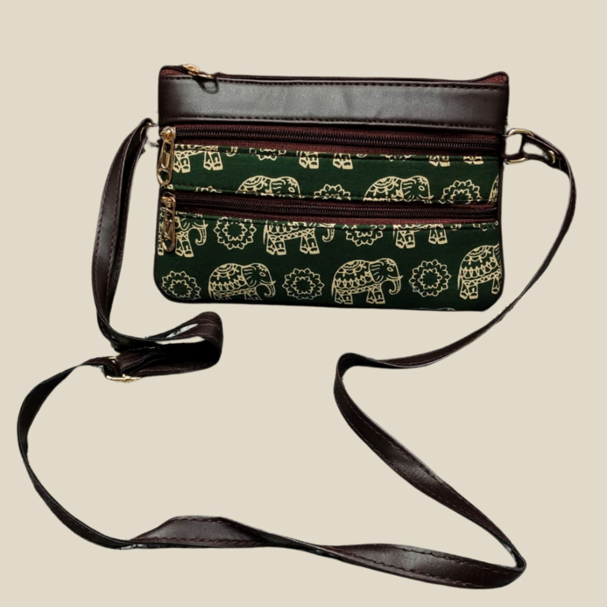 Handmade Elephant Motif Sling Bag – Dual Zipper with Faux Leather Strap