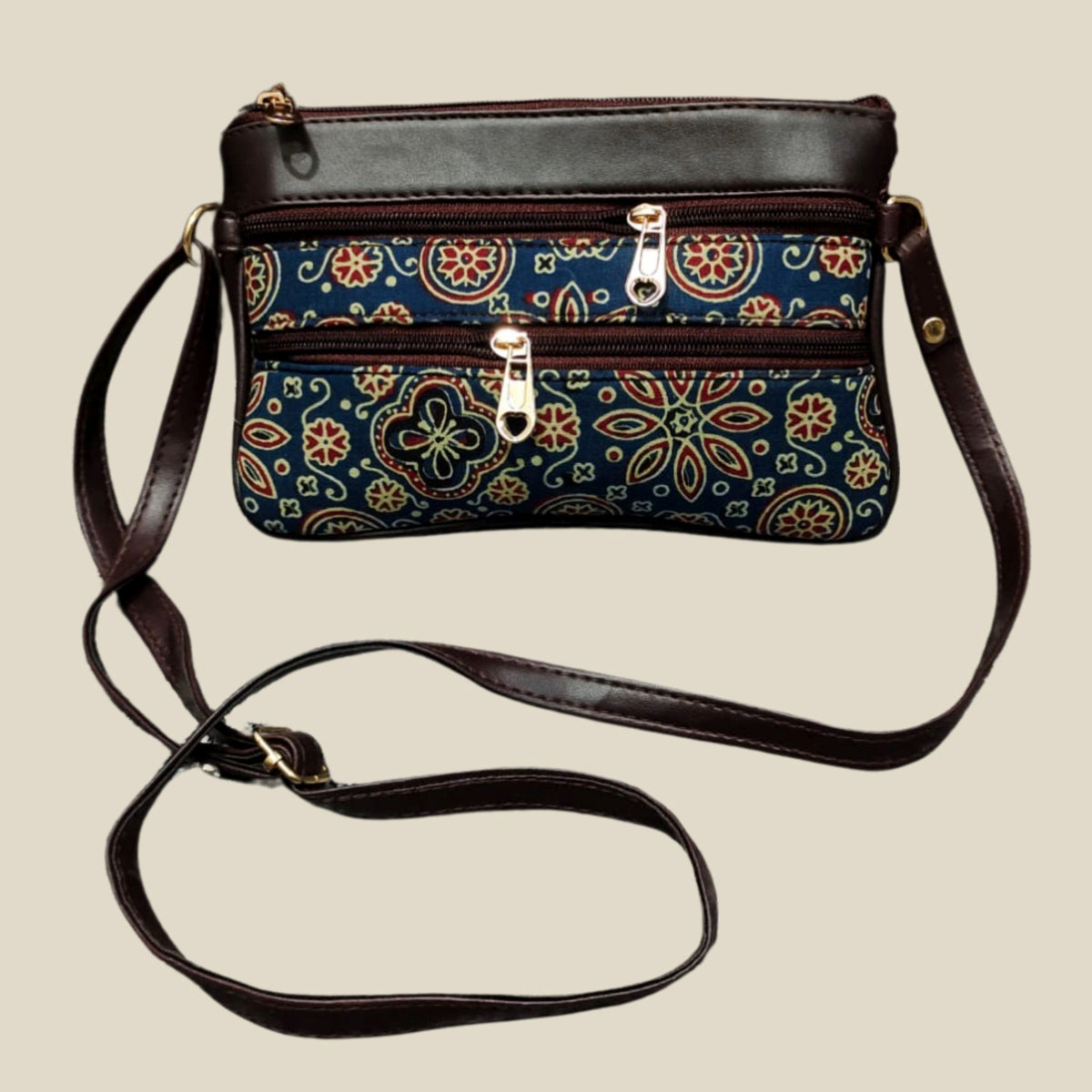 Handmade Floral Geometric Sling Bag – Dual Zipper with Faux Leather Trim