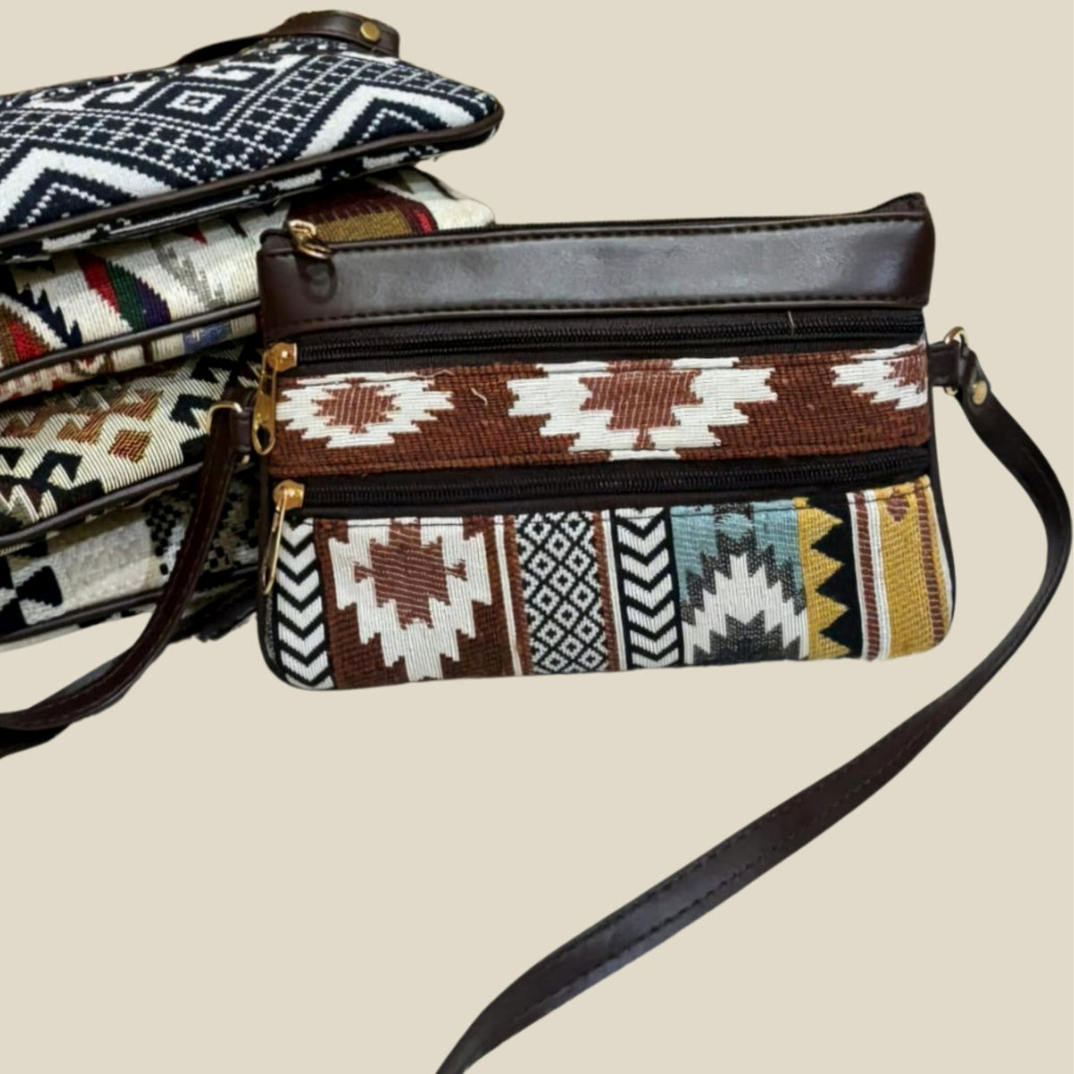 Handmade Tribal Woven Sling Bag – Ethnic Geometric Patterns with Faux Leather Trim