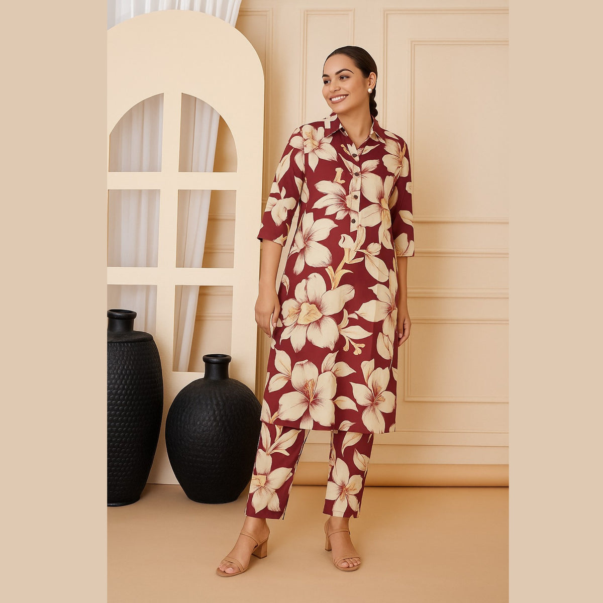 Crimson Bloom Floral Cord Set