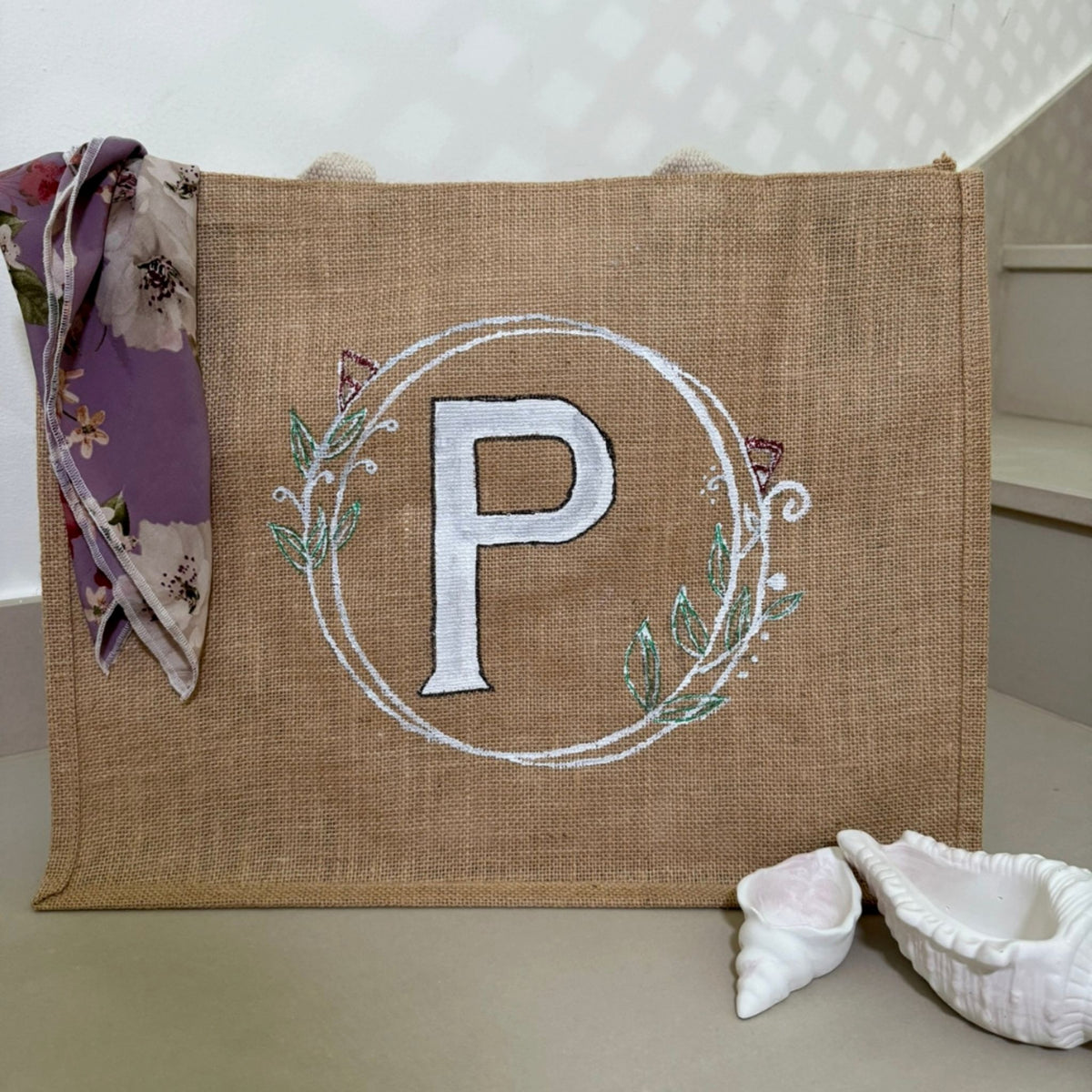 “P” Monogram Jute Tote – Floral Accents & Lace Elegance