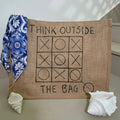 THINK OUTSIDE THE BAG” Sustainable Jute Tote – Painted Grid & Lace Accent