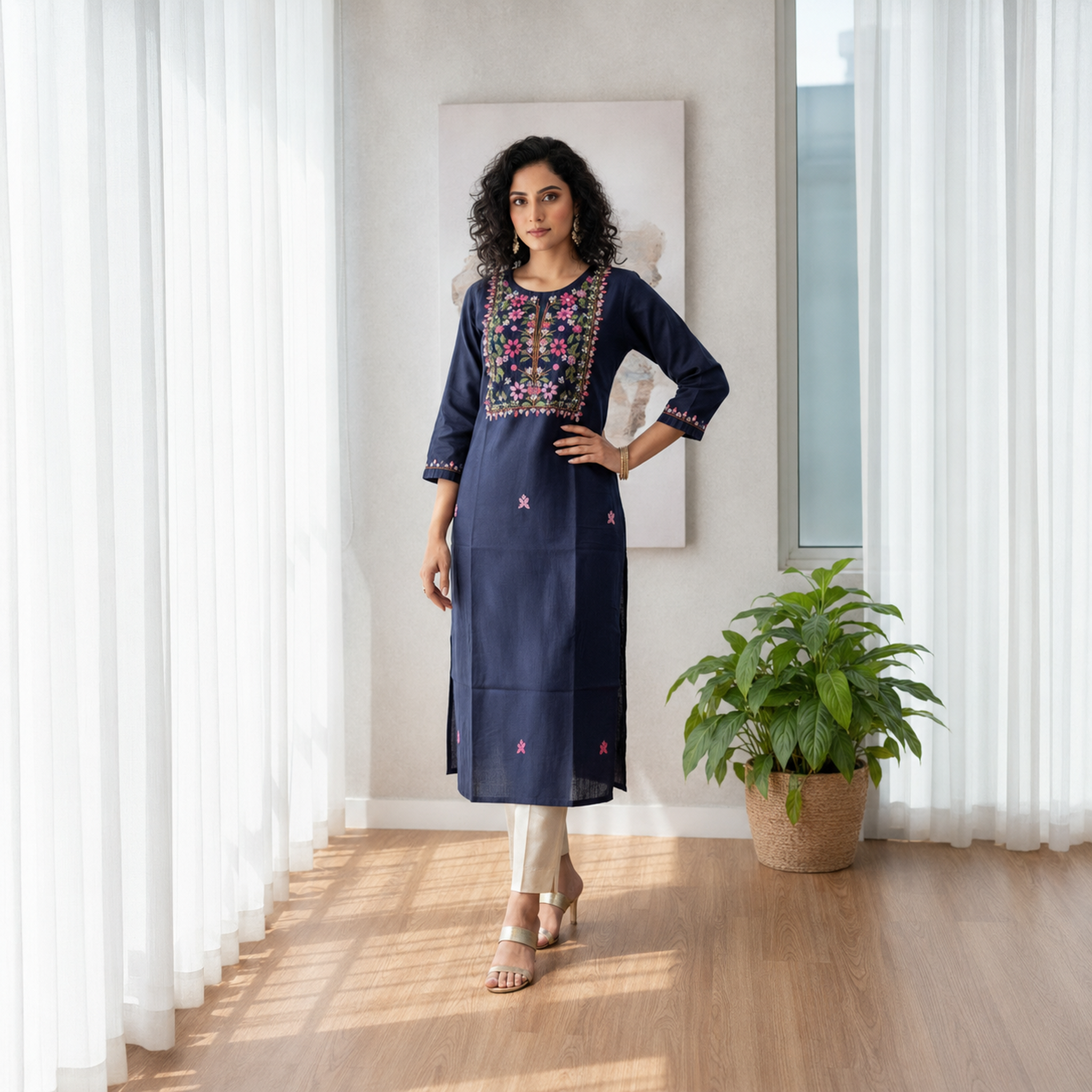 Navy Blue Woven Kurti